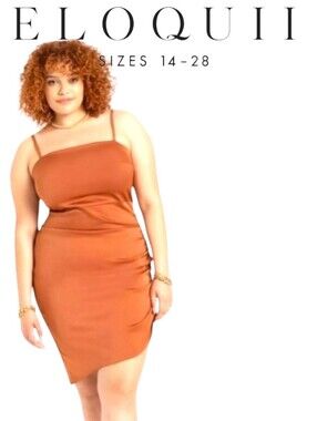 ELOQUII Hanna Satin Mini Dress Cinnamon Ruched Adj Strap Side Zip Plus Sz 18 NWT